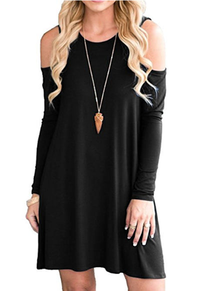 Vireous Solid Colour Off-the-Shoulder Long Sleeve Dress