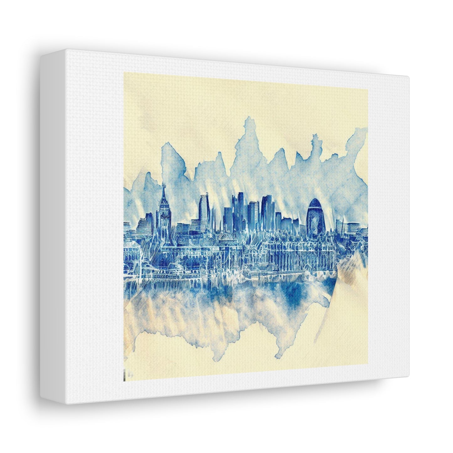 Blue Ink Sketch of London Skyline On Piece of Torn Yellowing Parchment Hyperrealistic 'Designed by AI' Print on Satin Canvas