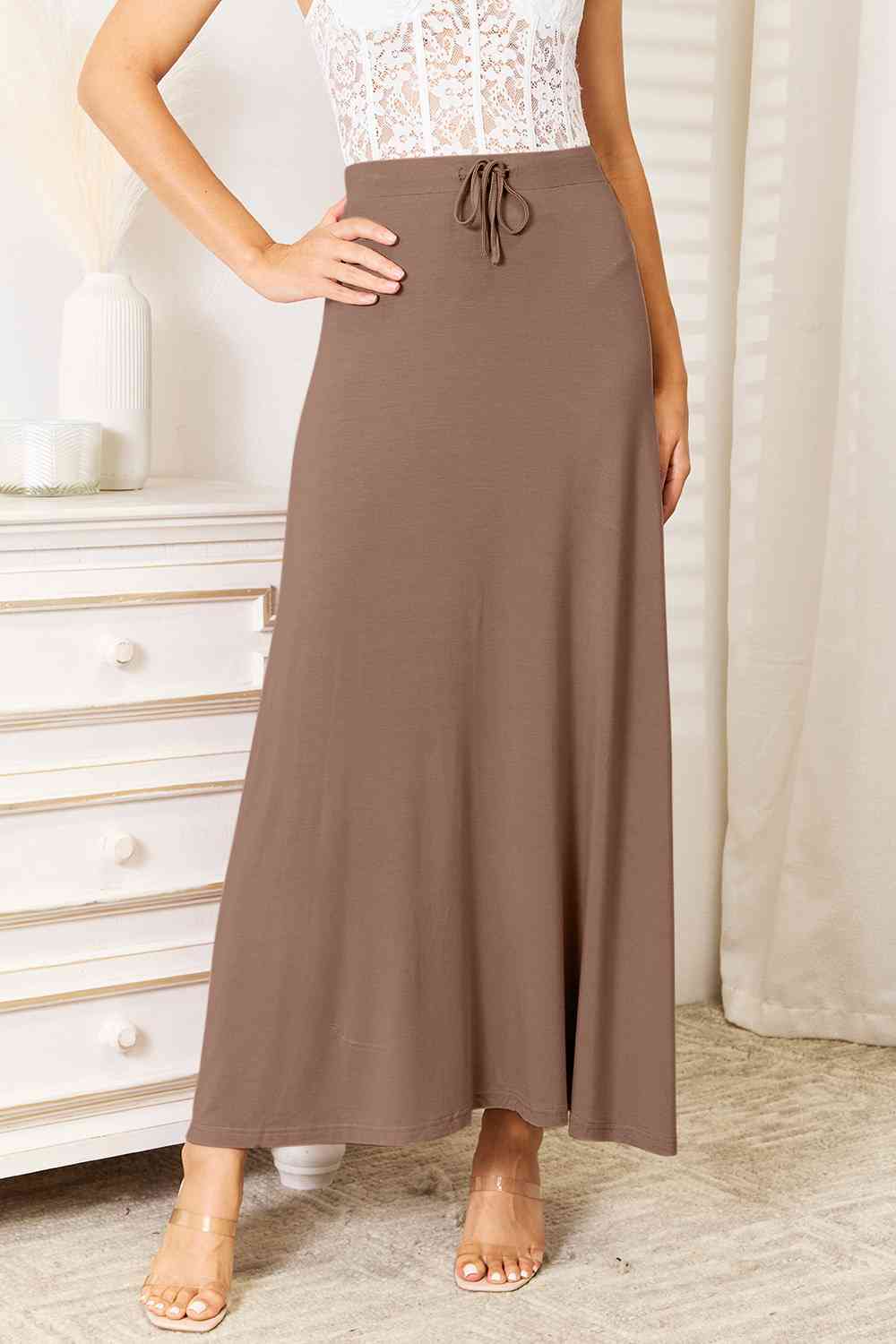 Vireous Full Size Soft Rayon Drawstring Waist Maxi Skirt