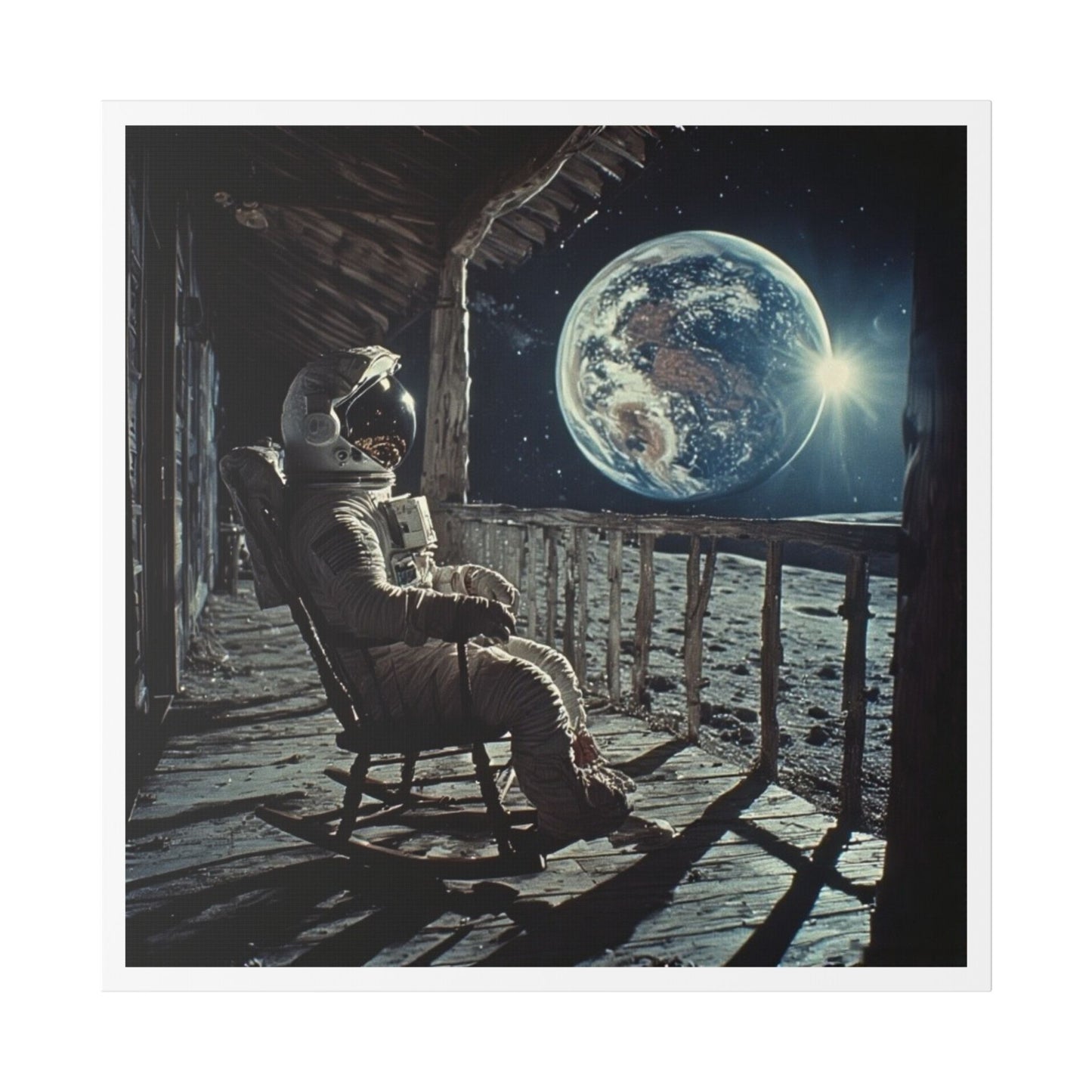 Astronaut on the Moon Sitting in a Rocking Chair on the Porch of a Farmhouse, Photorealism 'Designed by AI' Canvas Art Print