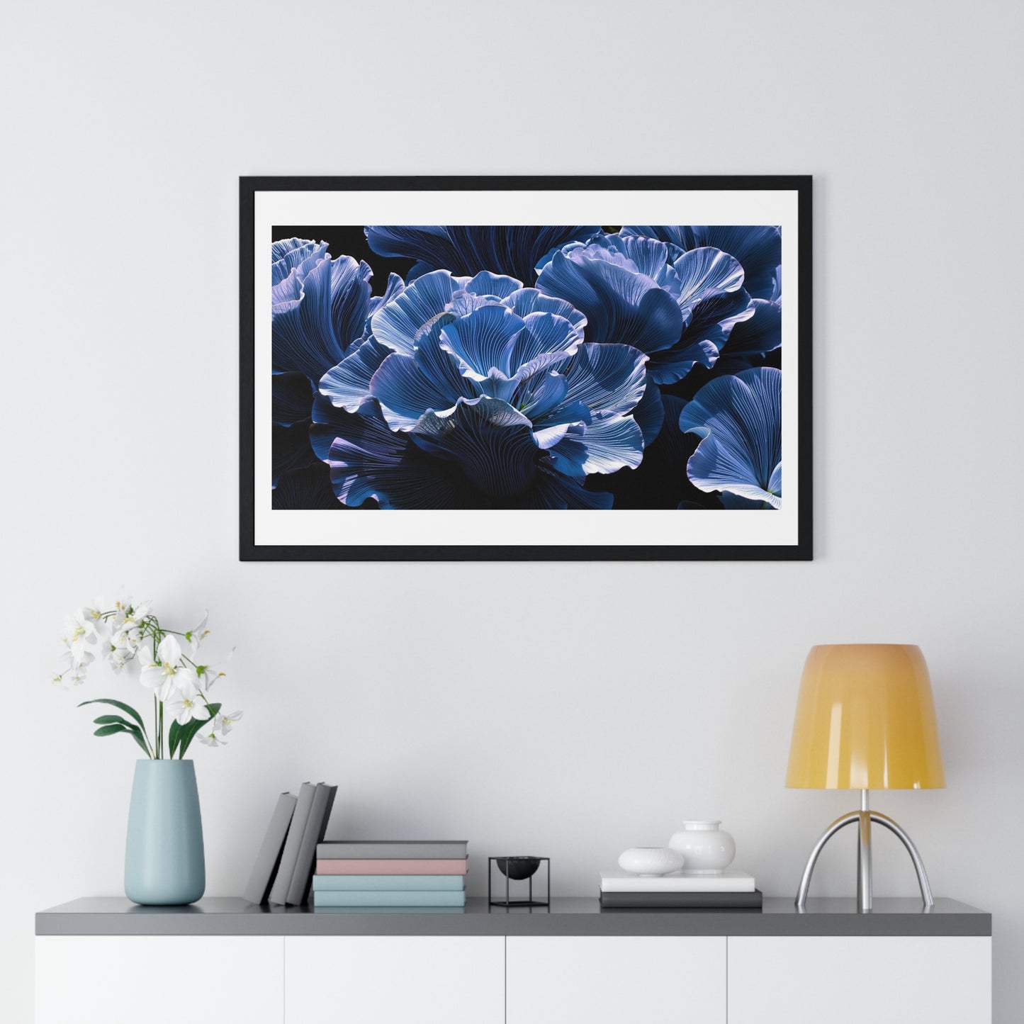 Iris Petals, Blue Vibrant Art 'Designed by AI' Framed Print