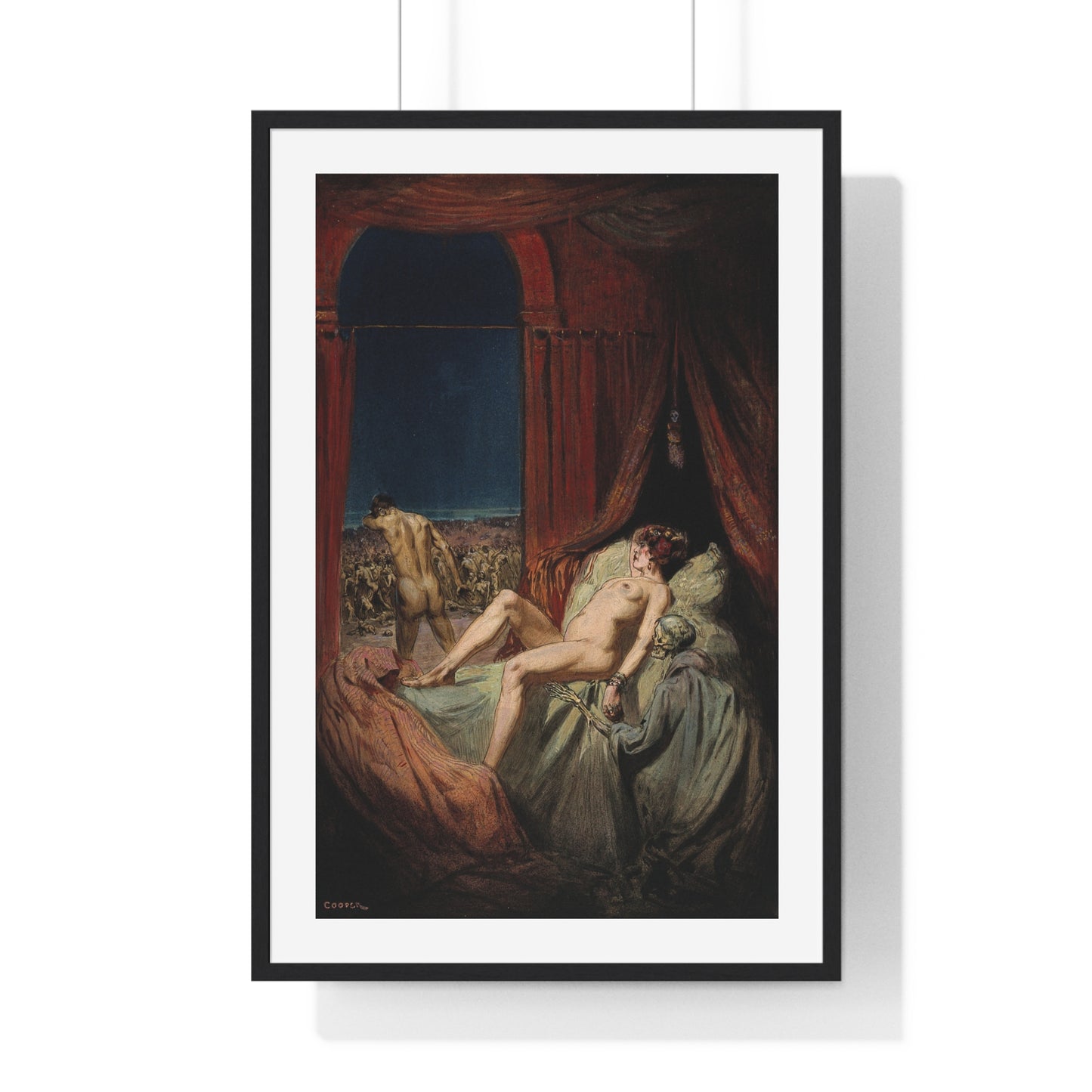 A Provocative Naked Young Woman Lying on a Bed, Death Sits at Her Side Representing Syphilis (1912) Framed Art Print