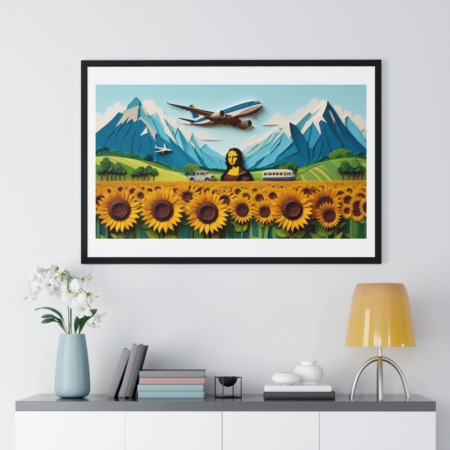 Mona Lisa in a Sunflower Meadow, Abstract Art 'Designed by AI' Framed Print