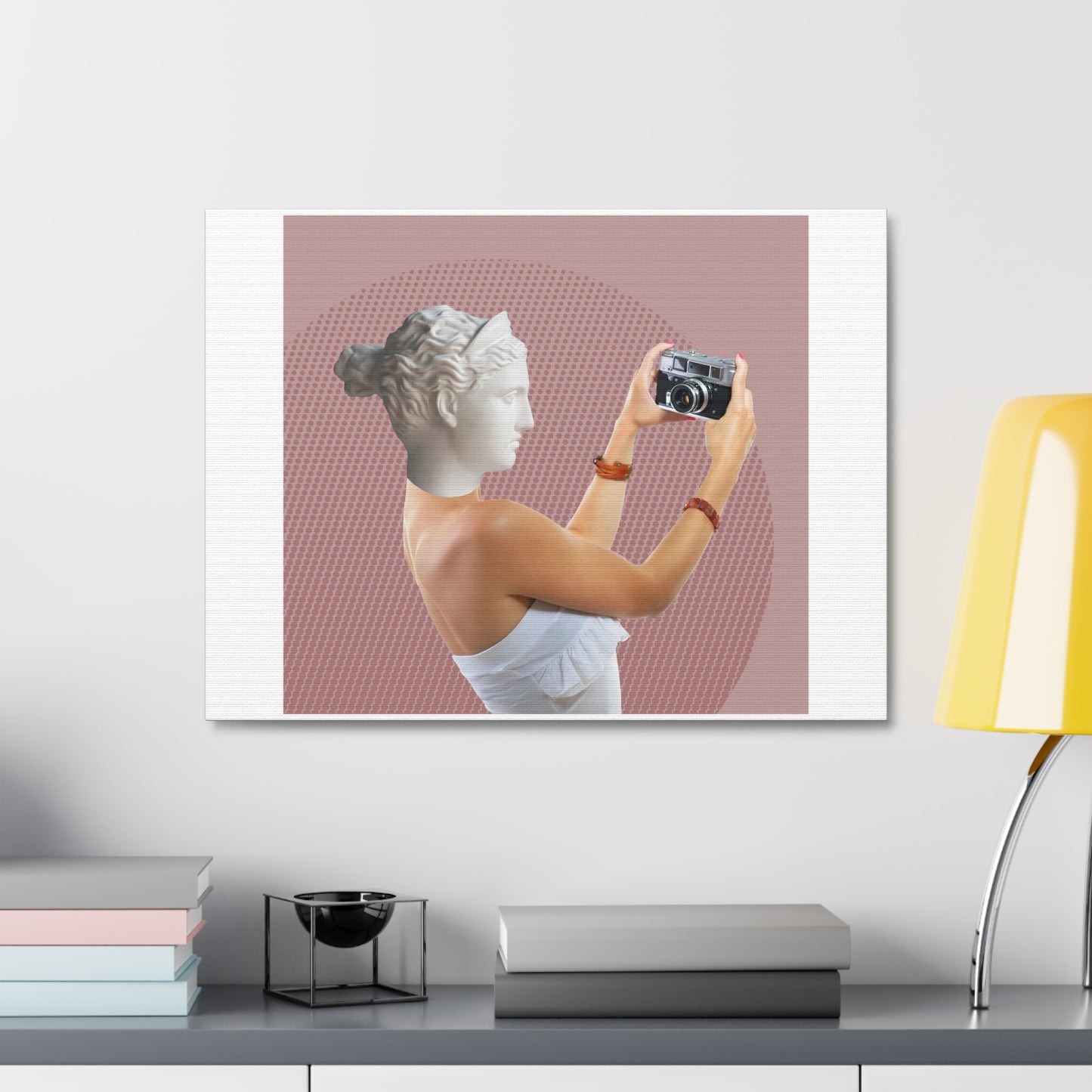 Human Statue Selfie, Graphic Art Print on Satin Canvas