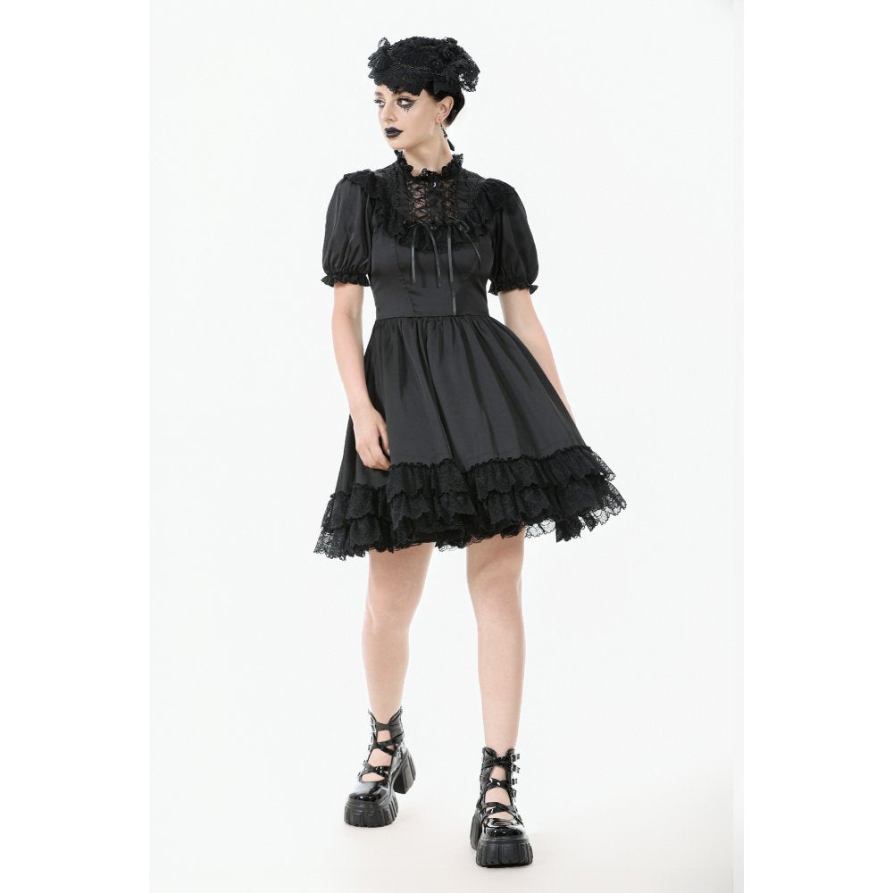 Dark in Love Belladonna Lace-Up High Collar Puff Sleeve Goth Dress, Plus Sizes