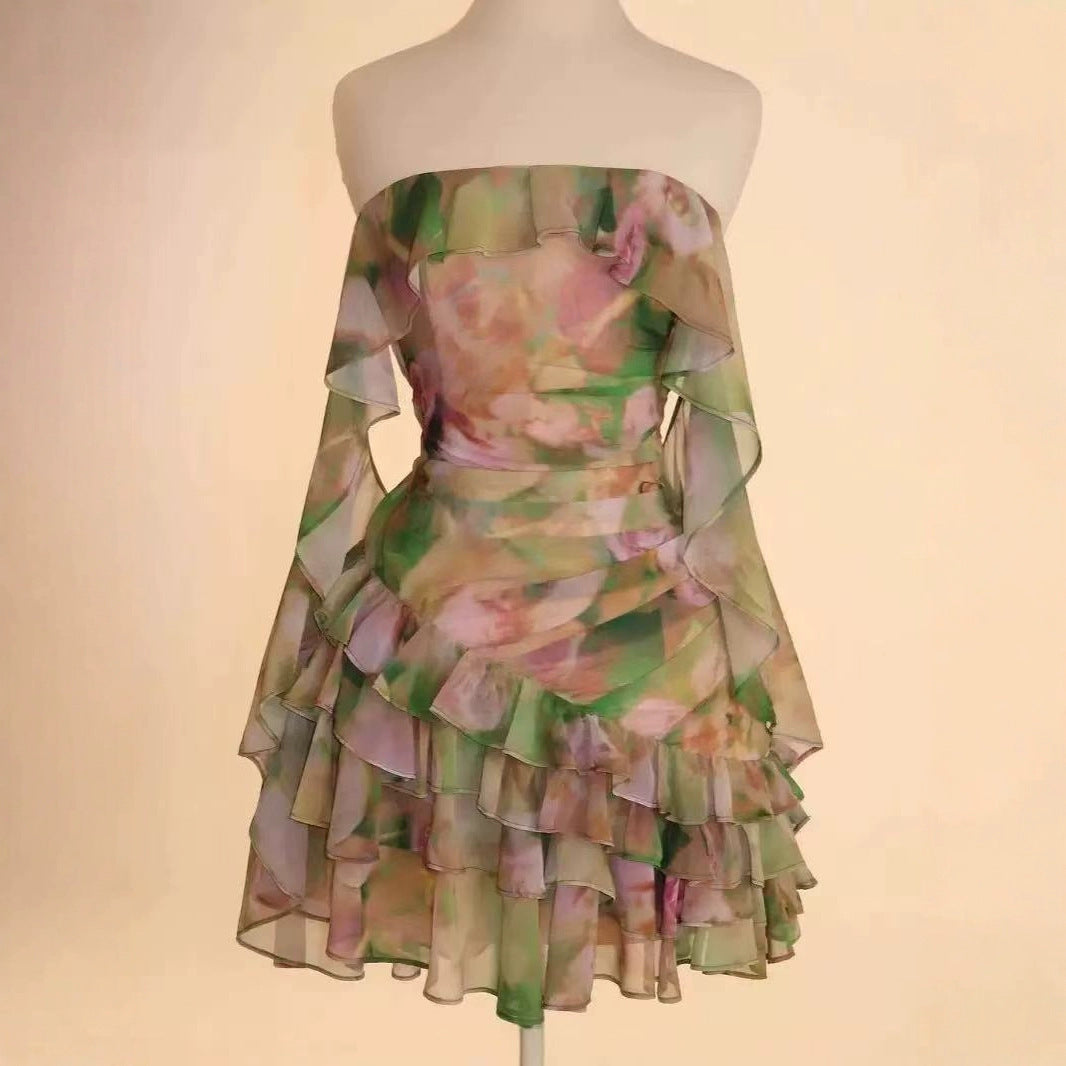 Chiffon Abstract Printed Ruffles Tube Dress