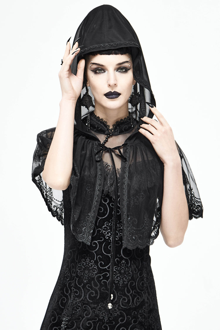 Gothic Fashion Womenswear Dark Lace Mesh Hooded Cloak