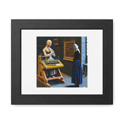 Jeune femme debout à un virginal avec une machine robot dans le style de Johannes Vermeer 'Designed by AI' Poster encadré en bois en papier mat classique