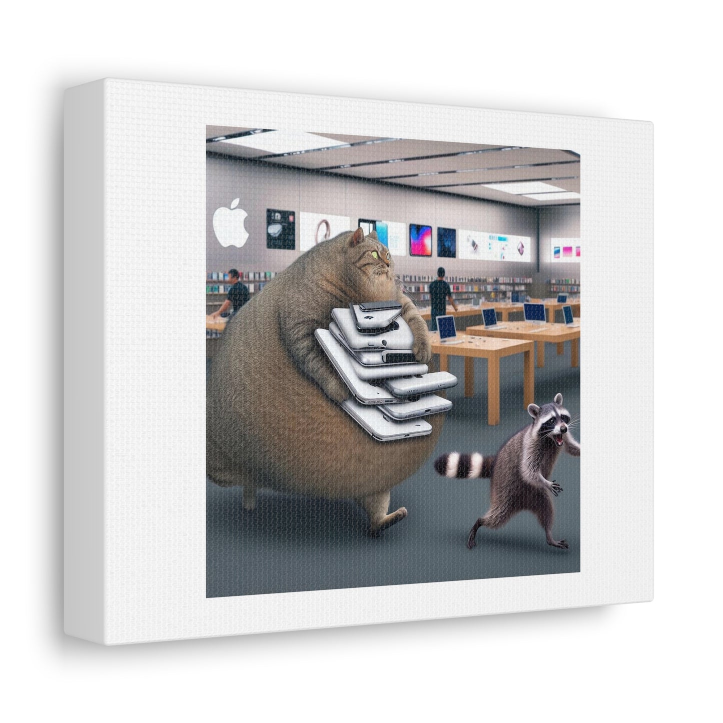 Fat Cat and Raccoon Running from Apple Store Security 'Designed by AI' Art Print on Canvas