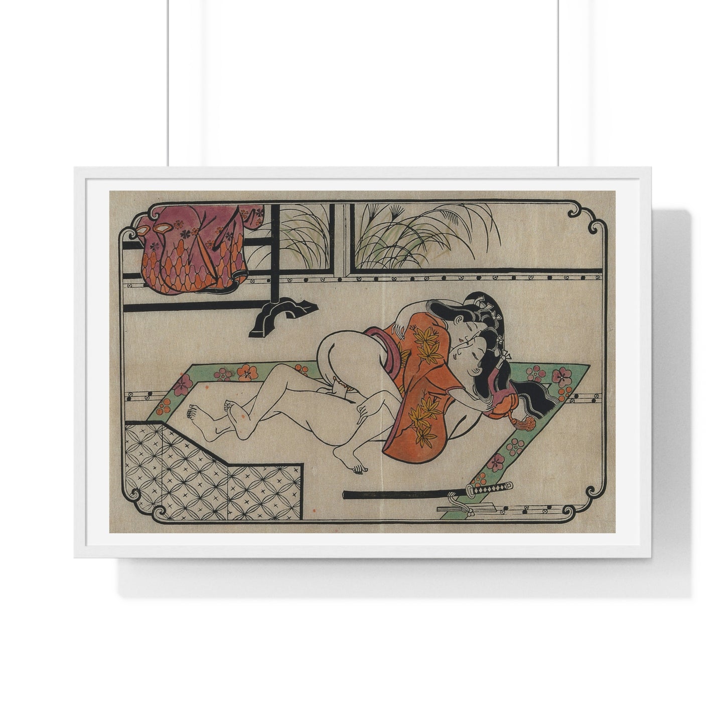 Young Couple Making Love, Coloured Reproduction of a Woodcut by Moronobu (1680s) Framed Art Print