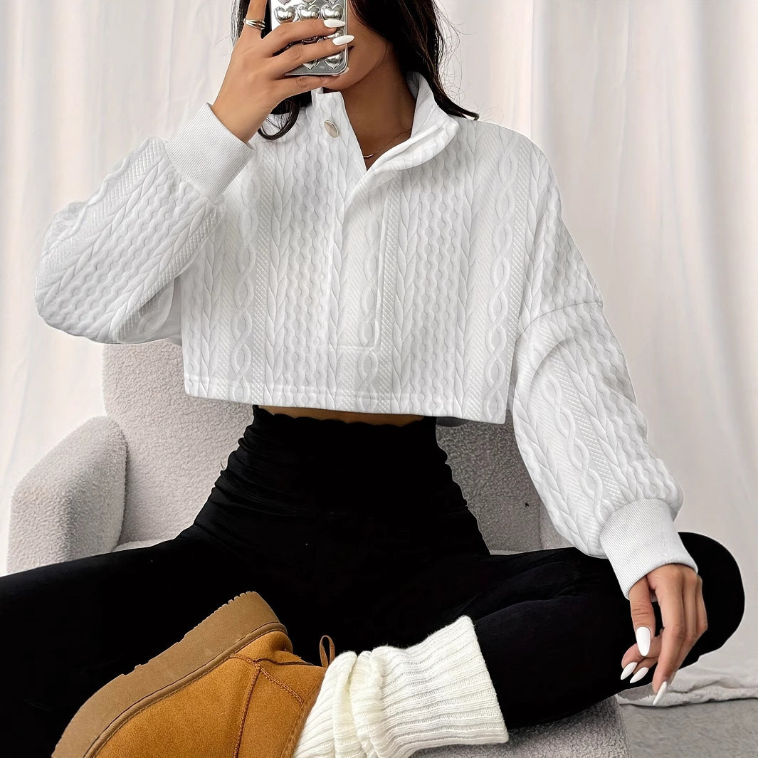 Women's Stand Up Collar Front Button Long Sleeve Textured Short Top