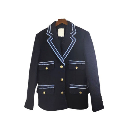 Vireous Blue Contrast Piping Tweed Women's Blazer Jacket