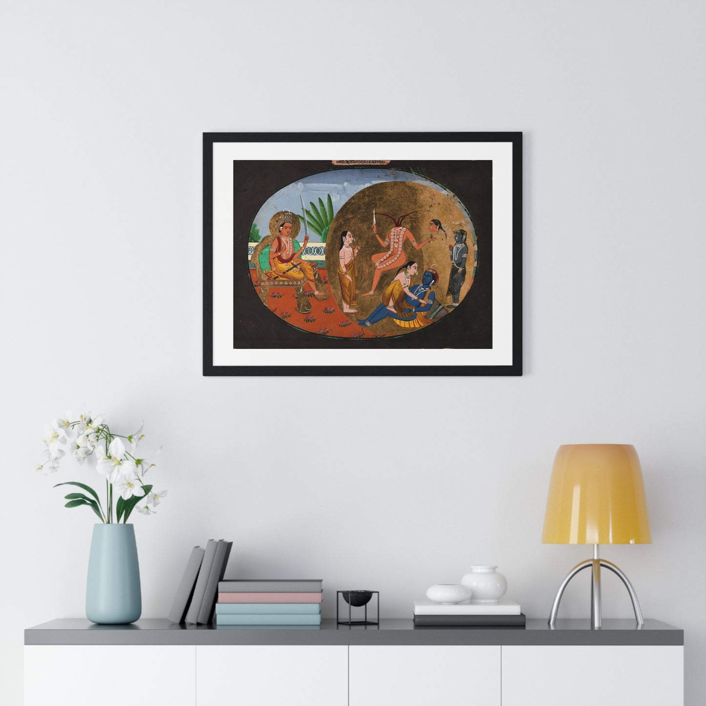 Hindu Deities Shiva, Chhinnamasta, Kamadeva and Rati, 19th Century Gouache Painting by an Indian Artist, Framed Print