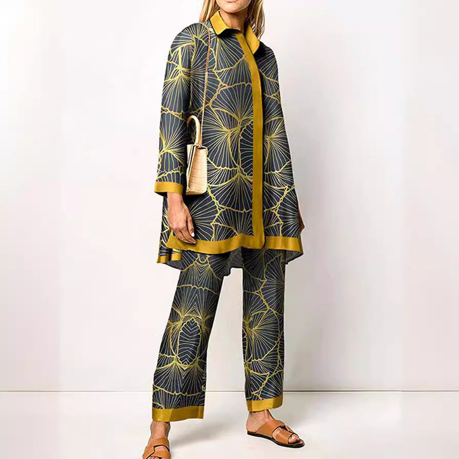 Women's Long-Sleeve Bold Print Barbarella-Style Two-Piece Trouser Suit