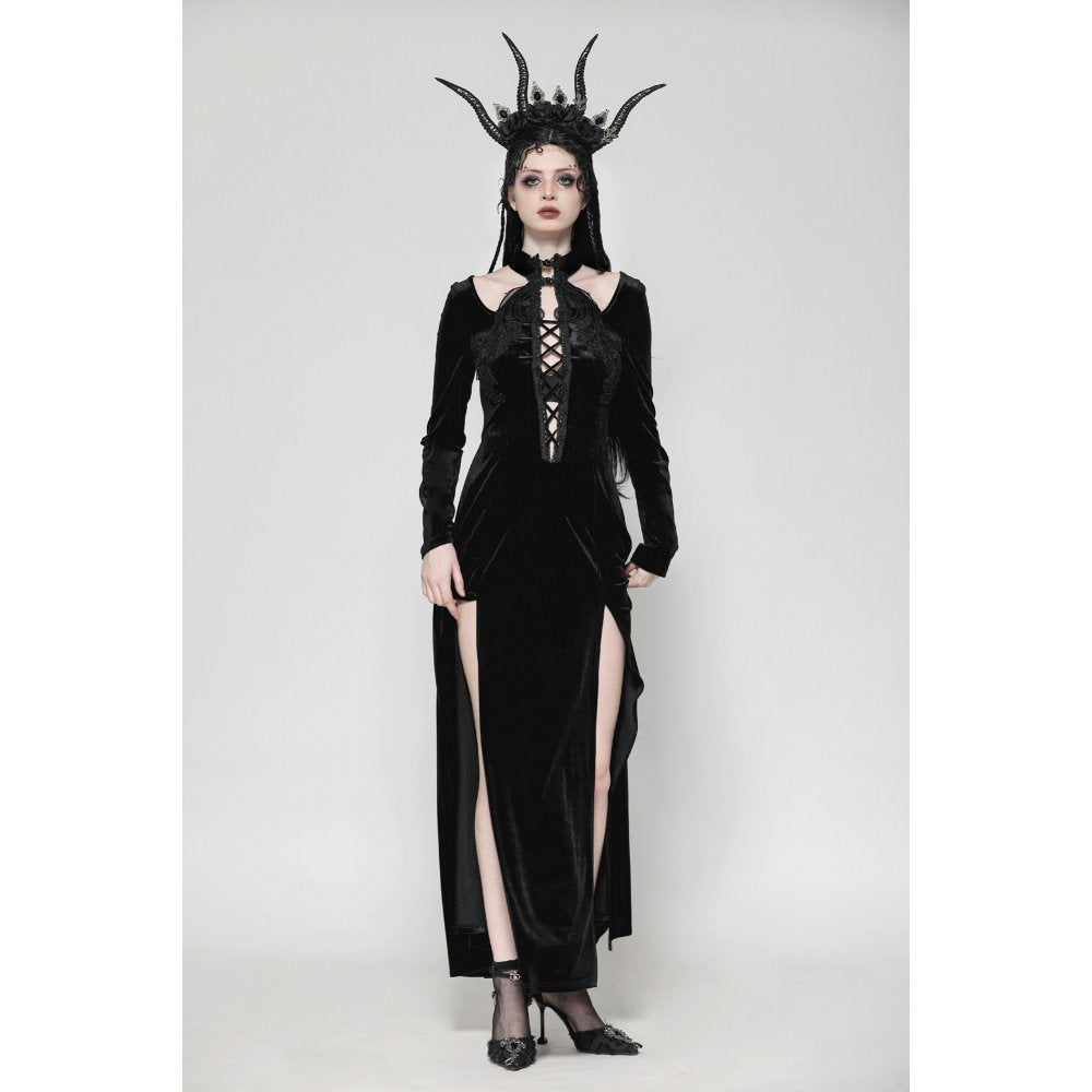 Dark in Love Vera Gothic Velvet High-Slit Maxi Dress with Hollow Neckline, Embroidered Buttons