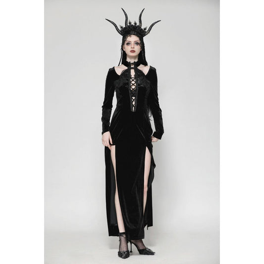 Dark in Love Vera Gothic Velvet High-Slit Maxi Dress with Hollow Neckline, Embroidered Buttons