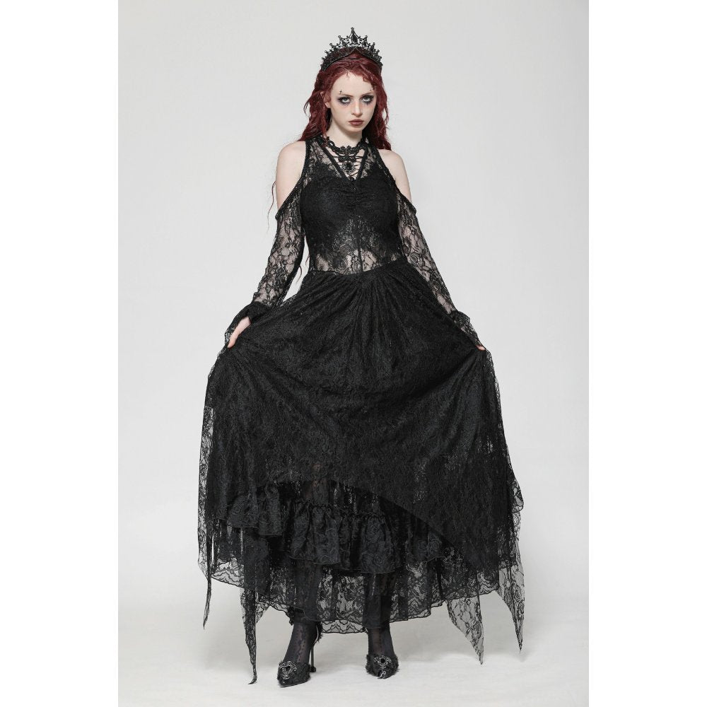 Dark in Love Carys Black Gothic Asymmetrical Lace Off-Shoulder Dress with Rhinestone Detail