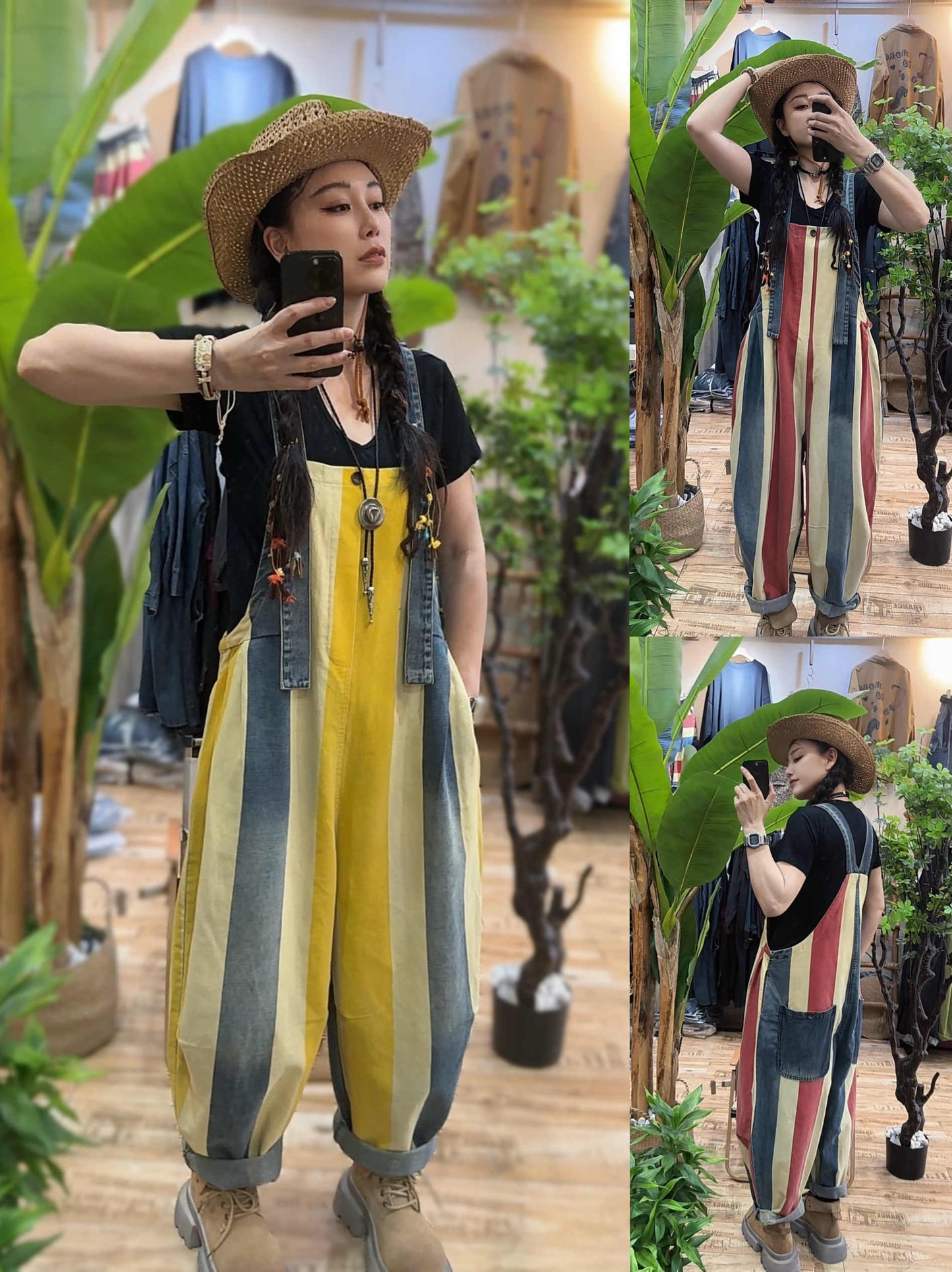 Vintage Stripe Suspender Pants, Women's Loose Cotton Denim Jumpsuit