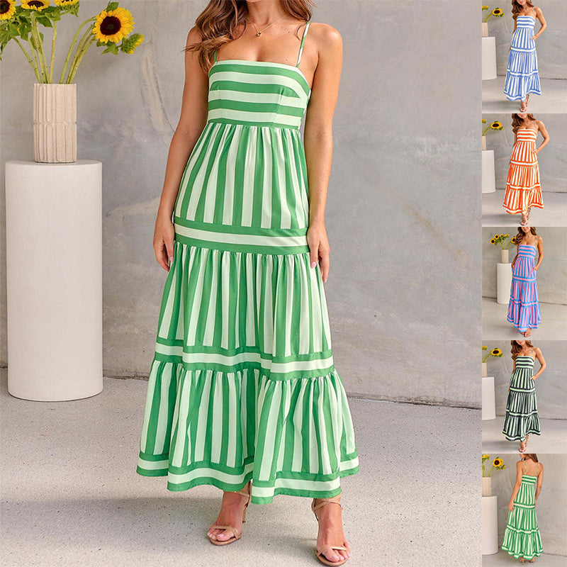 Vireous Summer Fresh Striped Print Suspender Long Dress, with Pockets