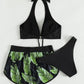 Three-Piece Leaf Print Bikini with Shorts, Fashion Summer Beach Swimsuit