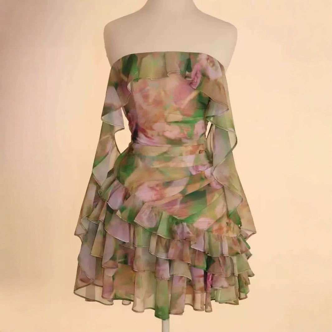 Chiffon Abstract Printed Ruffles Tube Dress