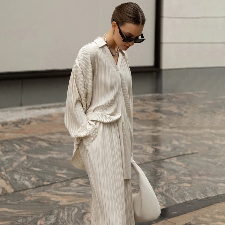 Vireous Solid Colour Straight-Leg Elegant Pleated Pants Suit