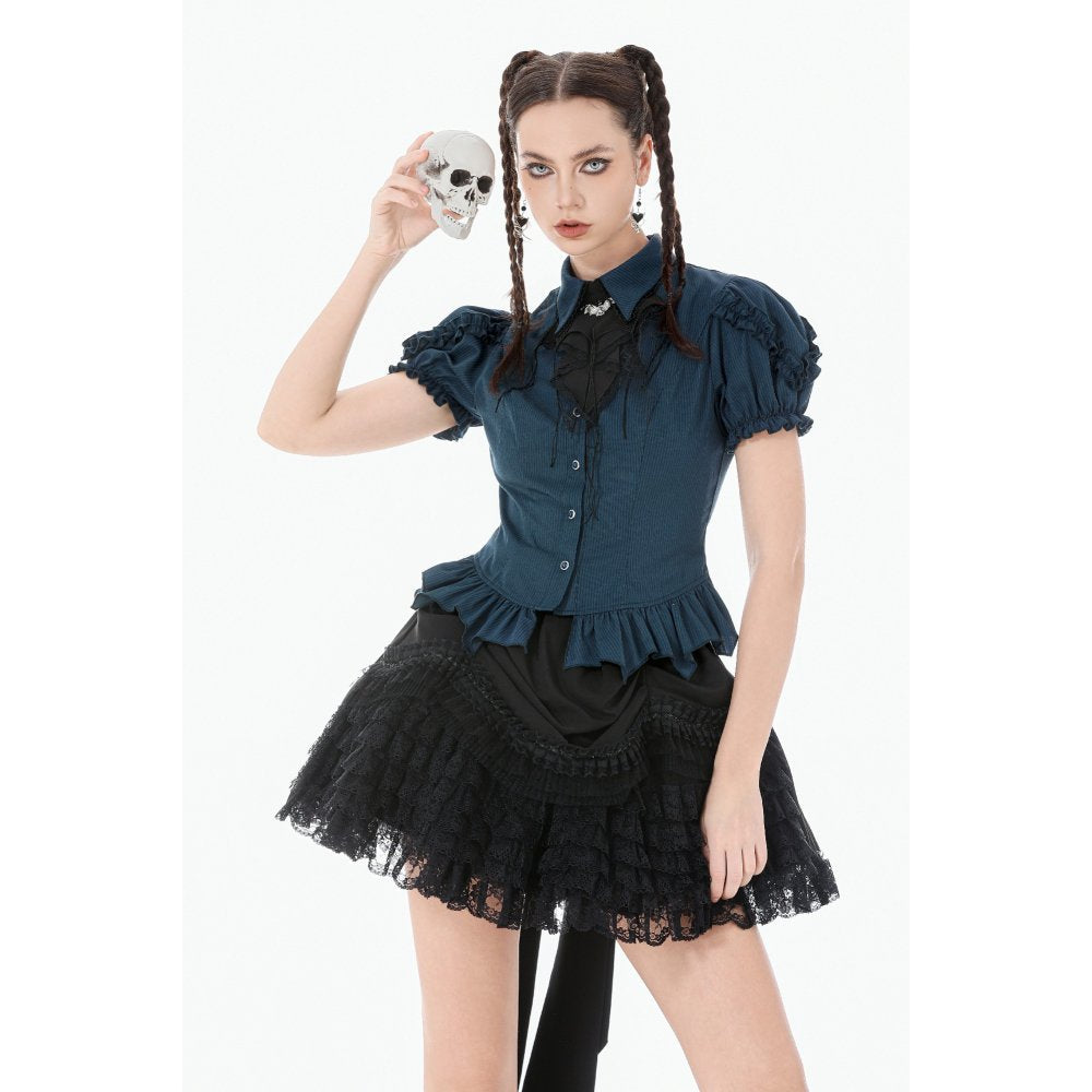 Dark in Love Gothic Academy-Striped Puff-Sleeve Blouse