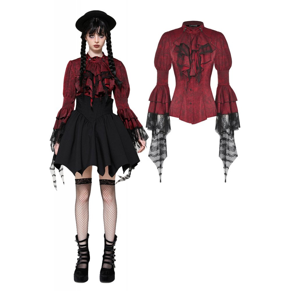 Dark in Love Vampiretta Red Distressed-Effect Frilly Blouse