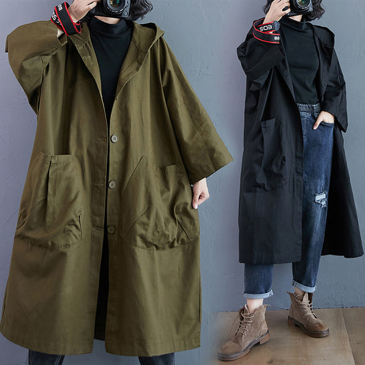 Vireous Loose Plus-Size Overknee Long Large Pocket Trench Coat