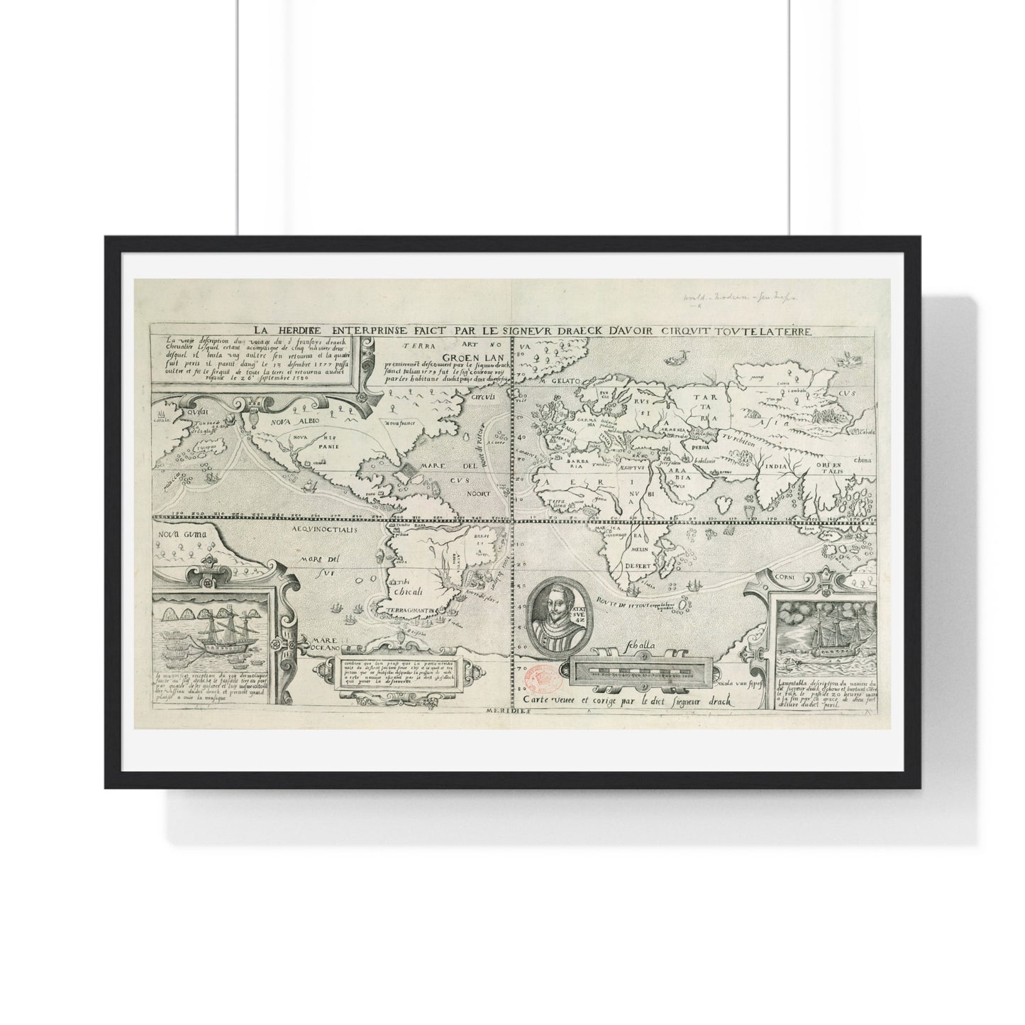 Francis Drake's World Voyage, Tudor Antique Map (circa 1581) from the Original, Framed Print