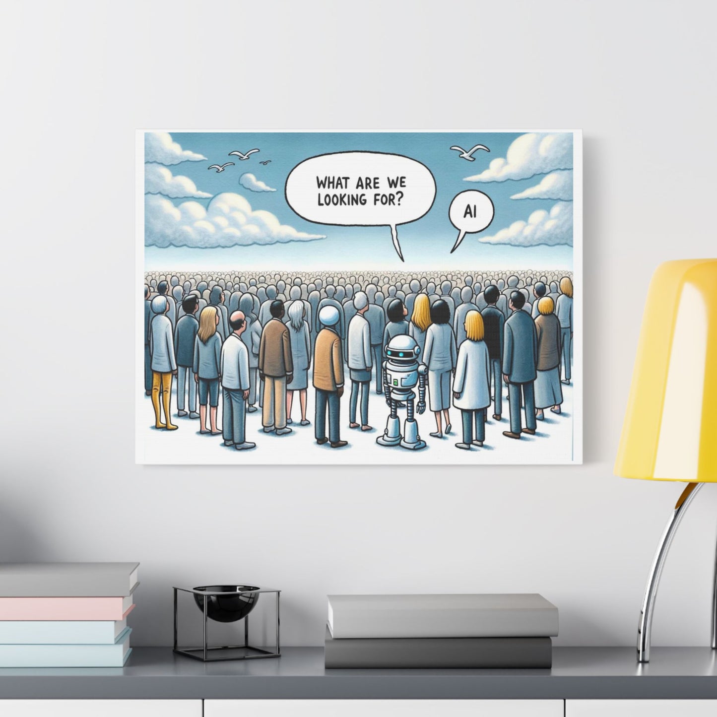 Looking for the Benefits of AI, Cartoon Art 'Designed by AI' Print on Canvas