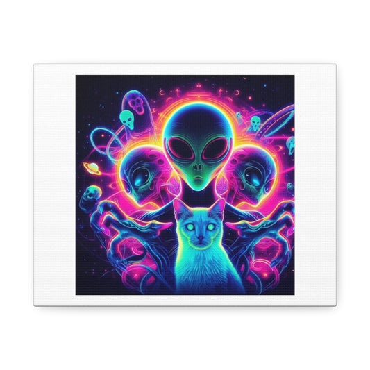 Psychedelic Aliens and Their Cat Master 'Designed by AI' Art Print on Canvas