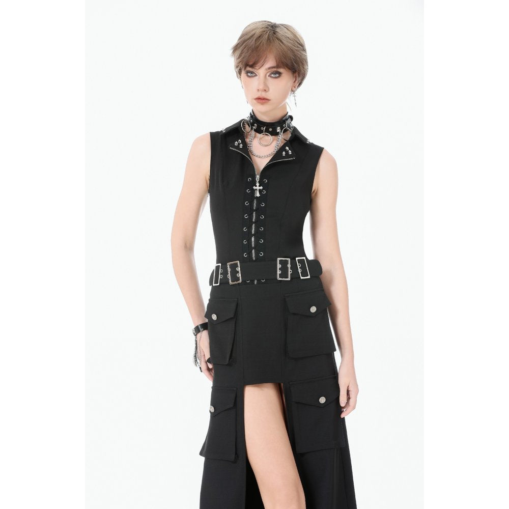 Dark in Love Punk Layered-Pocket Cutout Belted Long Skirt