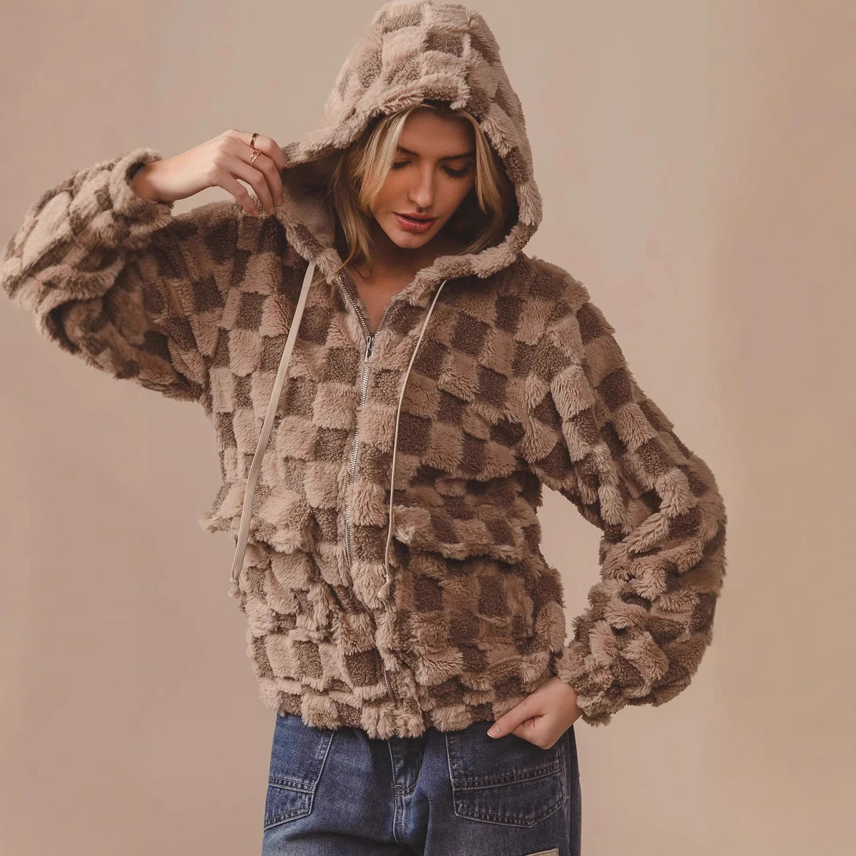 Women's Plaid Zipper Cardigan Plush Hoodie