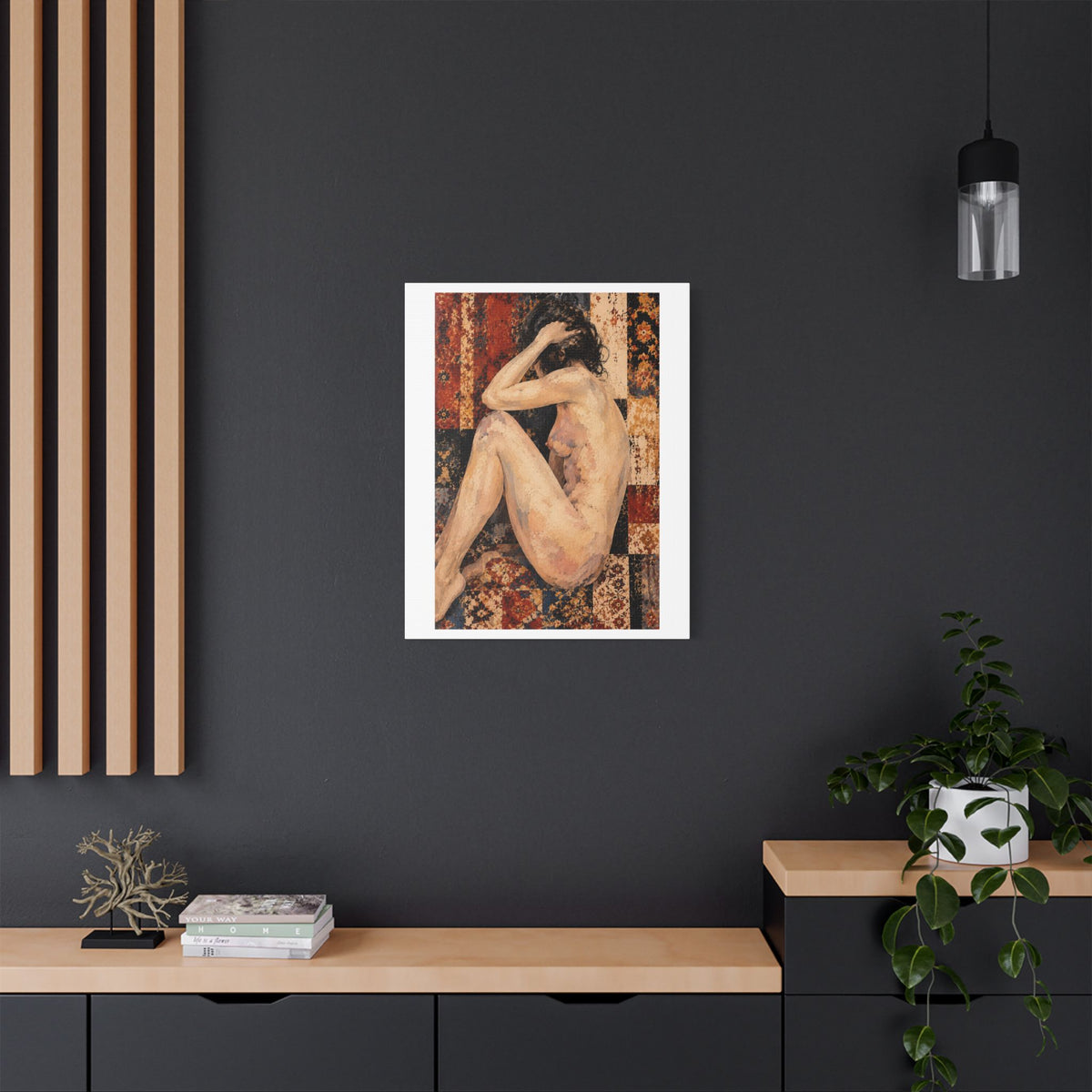Textured Contemplative Figure Against Ornate Tapestry, Art Print on Satin Canvas, Stretched