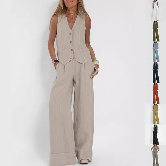 Women's Summer Waistcoat Suit, V-Neck Sleeveless Top and Loose Straight Trousers, Multi Colours