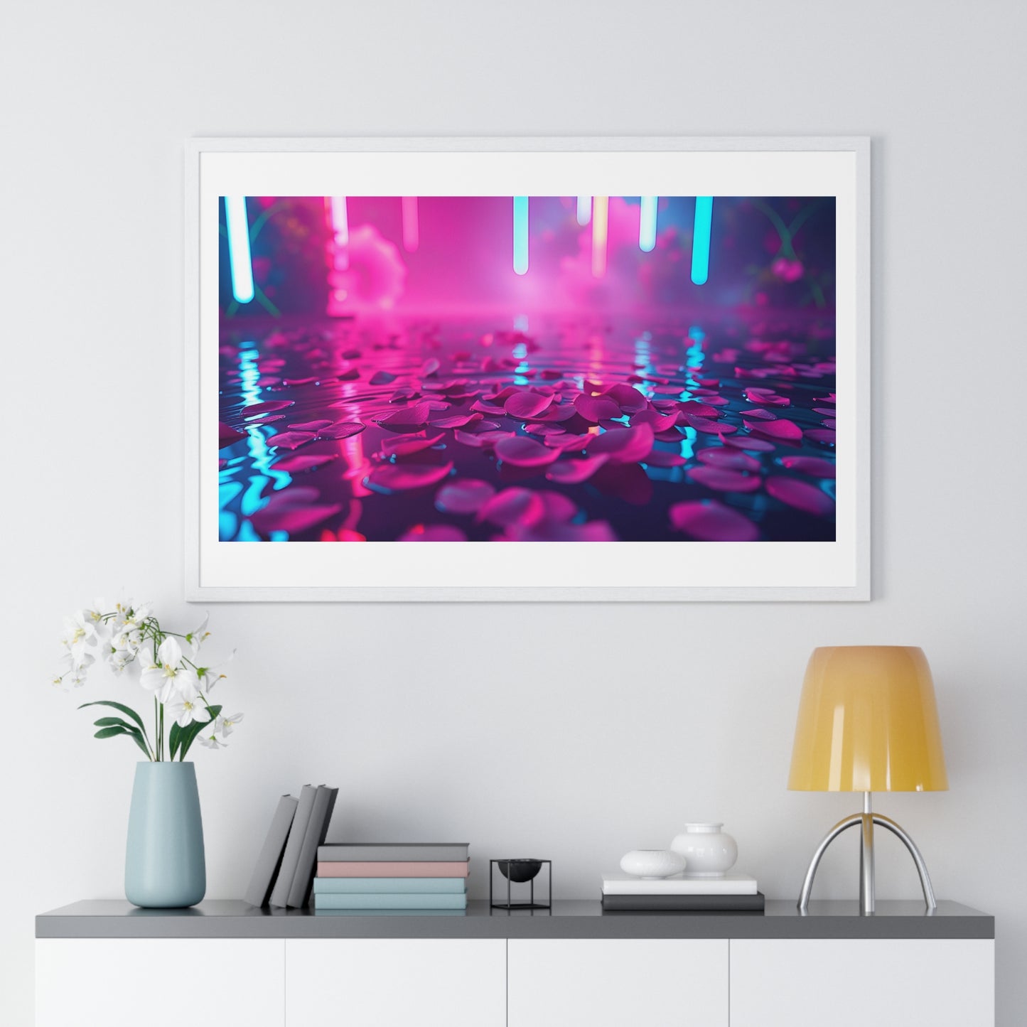 Petals on the Water, Pink Vibrant Art 'Designed by AI' Framed Print