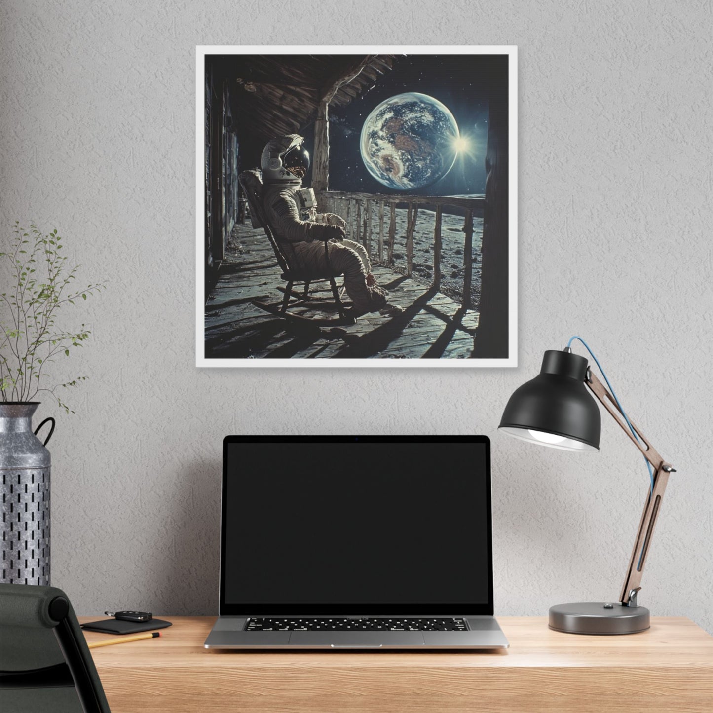 Astronaut on the Moon Sitting in a Rocking Chair on the Porch of a Farmhouse, Photorealism 'Designed by AI' Canvas Art Print