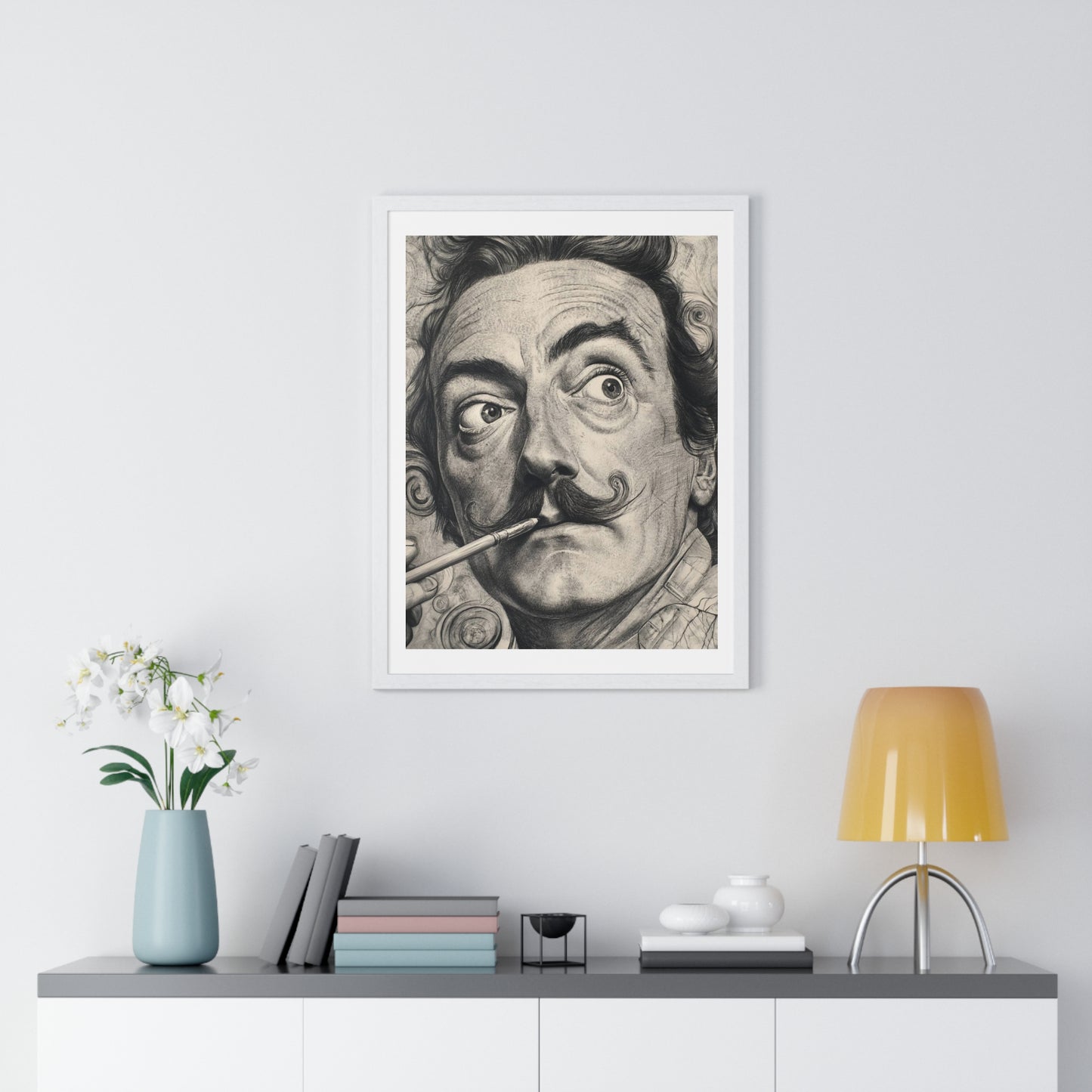 Salvador Dali Portrait, Pencil Sketch 'Designed by AI' Framed Art Print