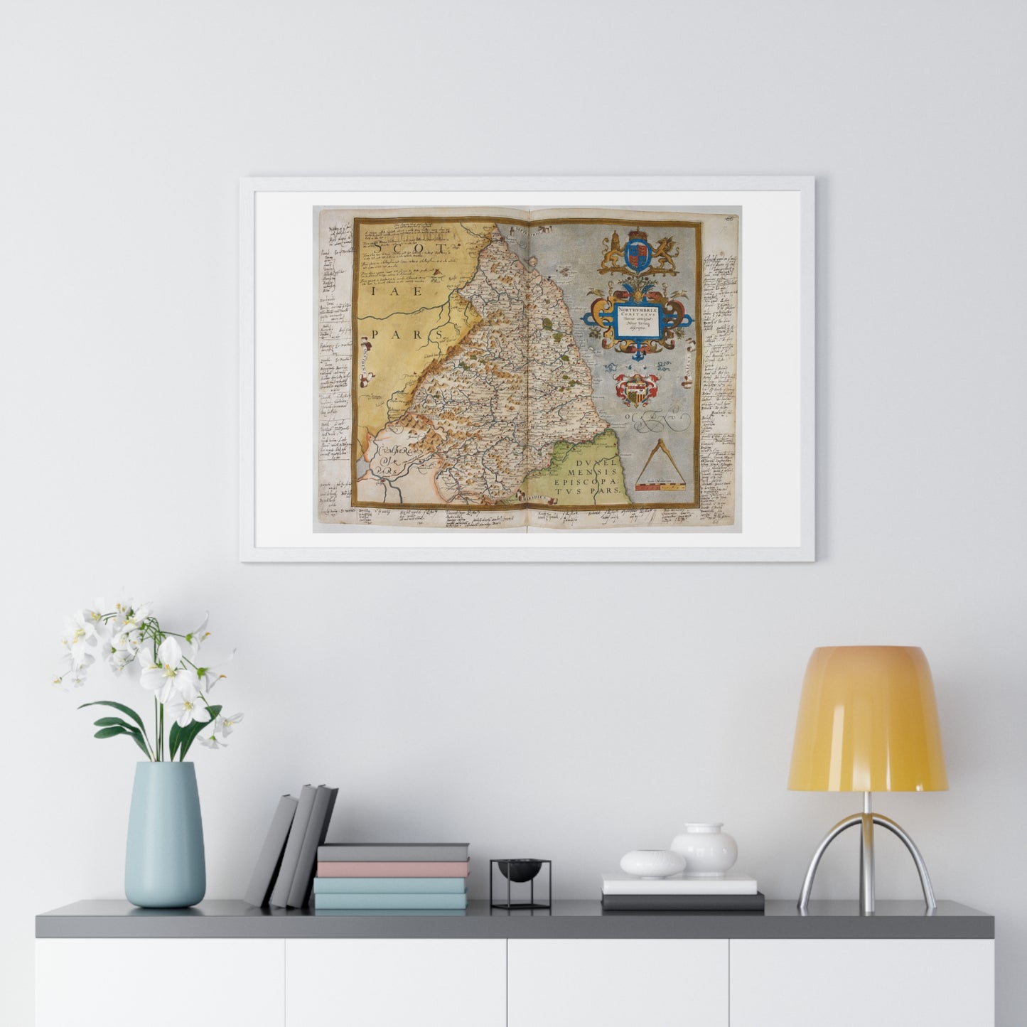 Tudor Antique Map of Northumberland from Lord Burghley's Atlas (1579) from the Original, Framed Print