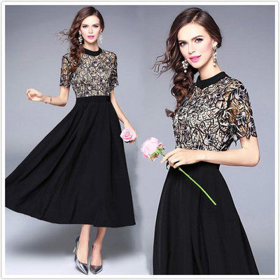 Lace Bodice Classic Short-Sleeve Black Cocktail Dress