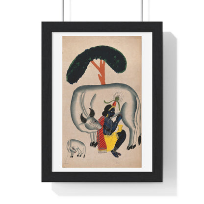 Krishna Milking a Cow While the Calf Looks, Watercolour Drawing, from the Original, Framed Art Print