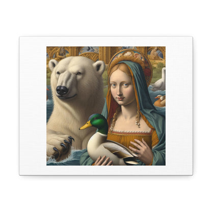 Polar Bear, Woman and Duck Renaissance Style Art Print 'Designed by AI' on Satin Canvas