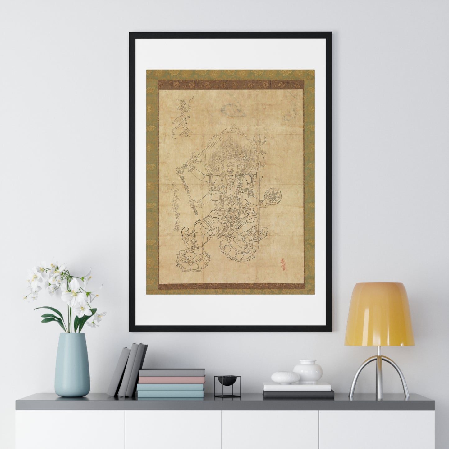 Antique Japanese Drawing of the Wisdom King Daiitoku (Daiitoku Myōō) from the Original, Framed Art Print