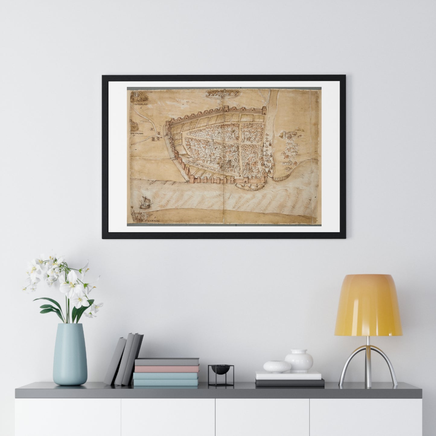 Antique Map of the City of Hull (circa 1539) from the Original Manuscript, Framed Print