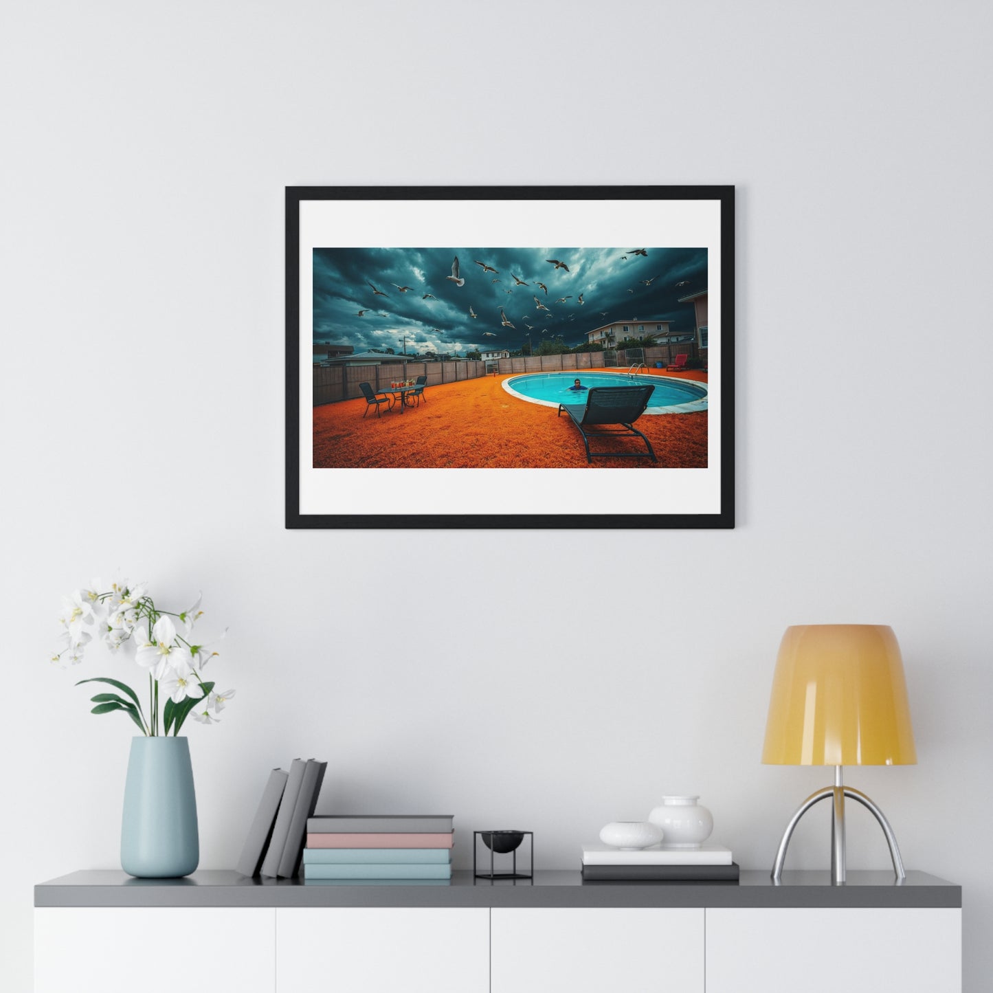 Dystopian Pool Scene Photorealistic Art Style 'Designed by AI' Framed Print