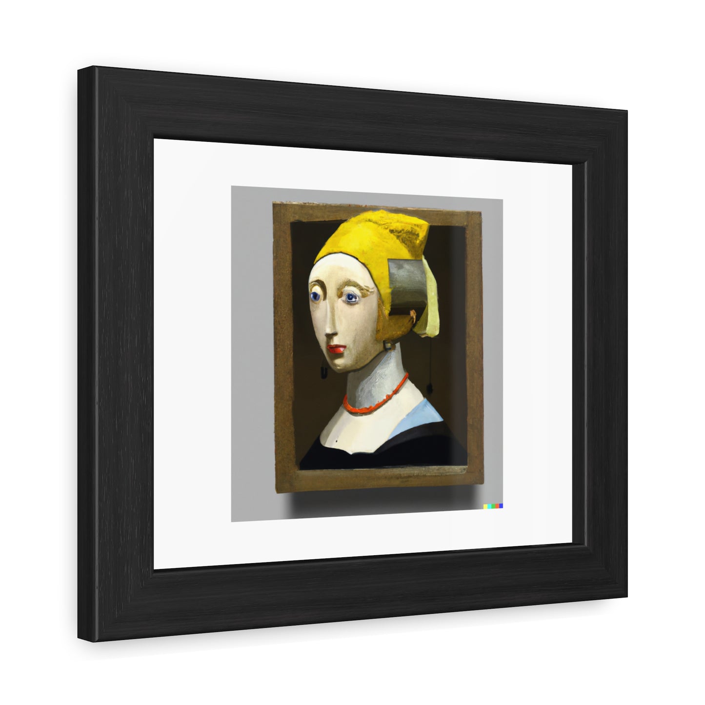 Robot avec une boucle d'oreille en perle dans le style de Johannes Vermeer 'Designed by AI' Poster encadré en bois en papier mat classique