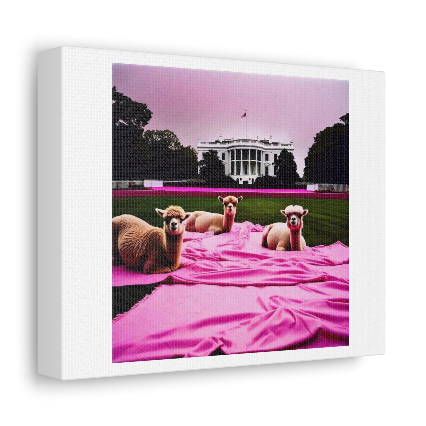 We're in the Twilight Zone: Pink Llamas on the White House Lawn 'Designed by AI' Print on Canvas
