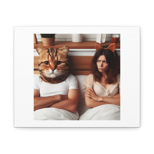 Art Print 'A Day in the Life of a Man Who Has a Cat Head' Designed by AI on Satin Canvas