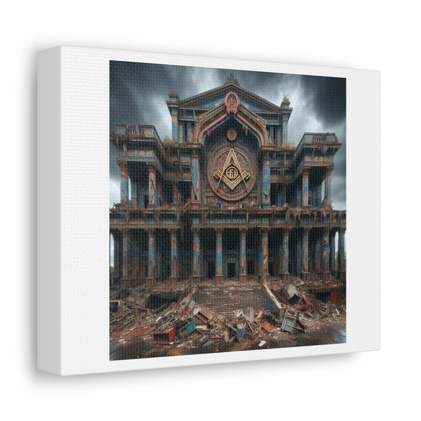 Huge Masonic Hall is Dilapidated and Falling Down, Art Print 'Designed by AI' on Canvas